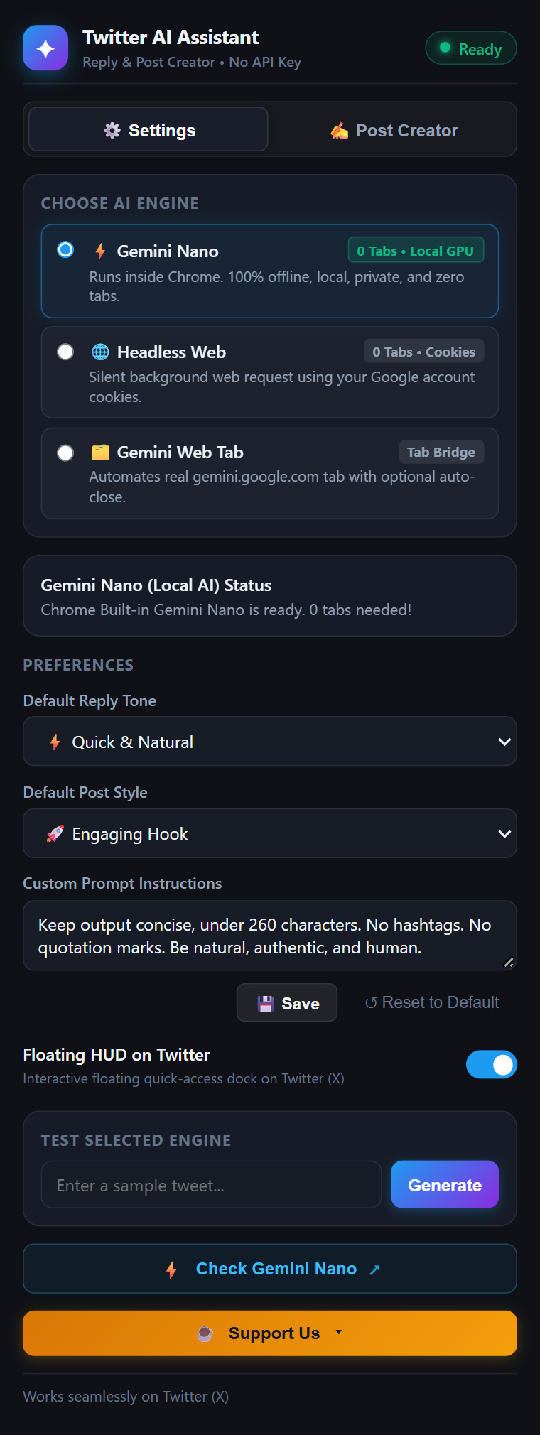 Extension Popup Settings and Post Creator Interface